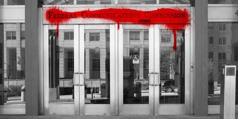 FCC headquarters with red spray paint