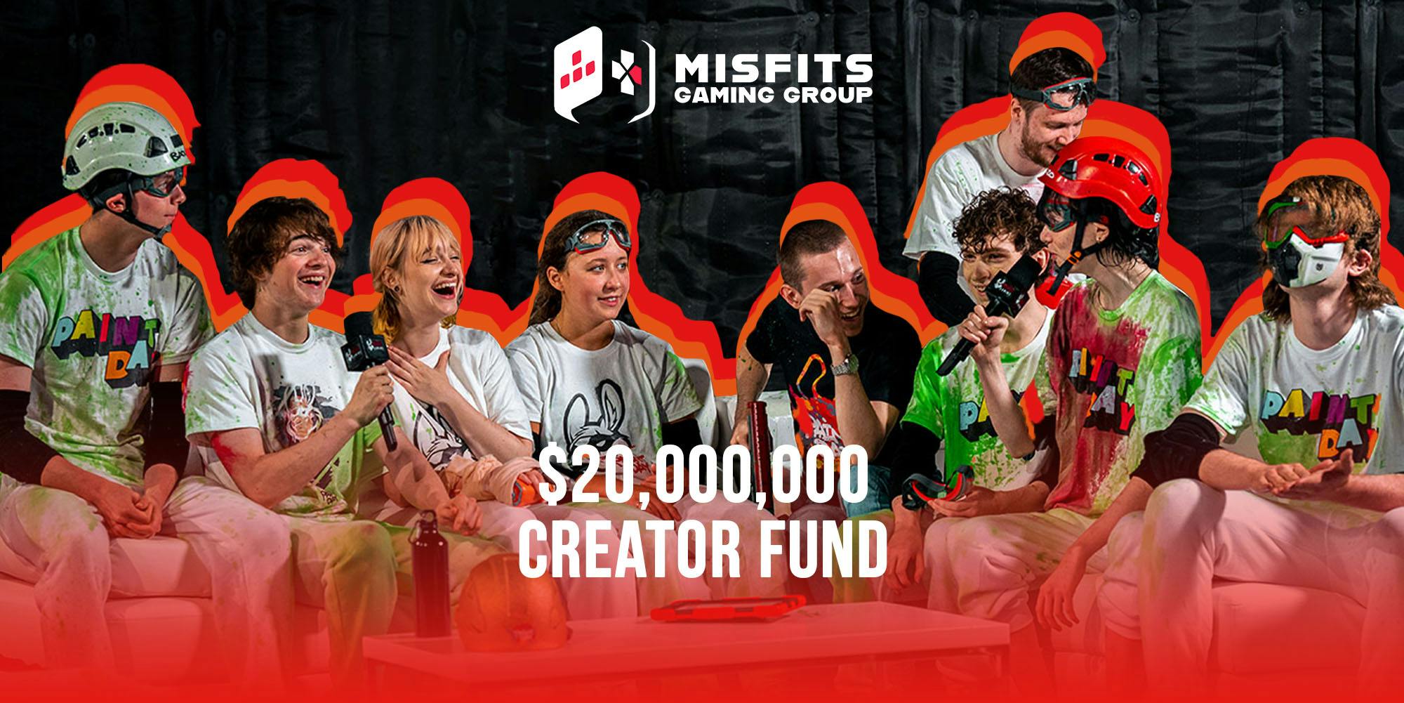 Misfits gaming group speaking on couch with red gradient bottom to top with captions "MISFITS GAMING GROUP" "$20,000,000 CREATOR FUND" Passionfruit Remix