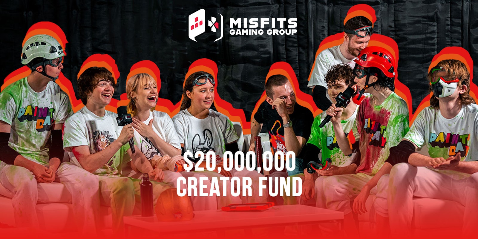 Misfits gaming group speaking on couch with red gradient bottom to top with captions 'MISFITS GAMING GROUP' '$20,000,000 CREATOR FUND' Passionfruit Remix