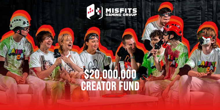 Misfits gaming group speaking on couch with red gradient bottom to top with captions 'MISFITS GAMING GROUP' '$20,000,000 CREATOR FUND' Passionfruit Remix