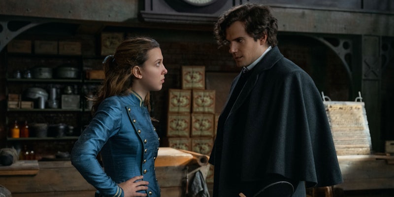 millie bobby brown as enola holmes (left) and henry cavill as sherlock holmes (right) in enola holmes 2