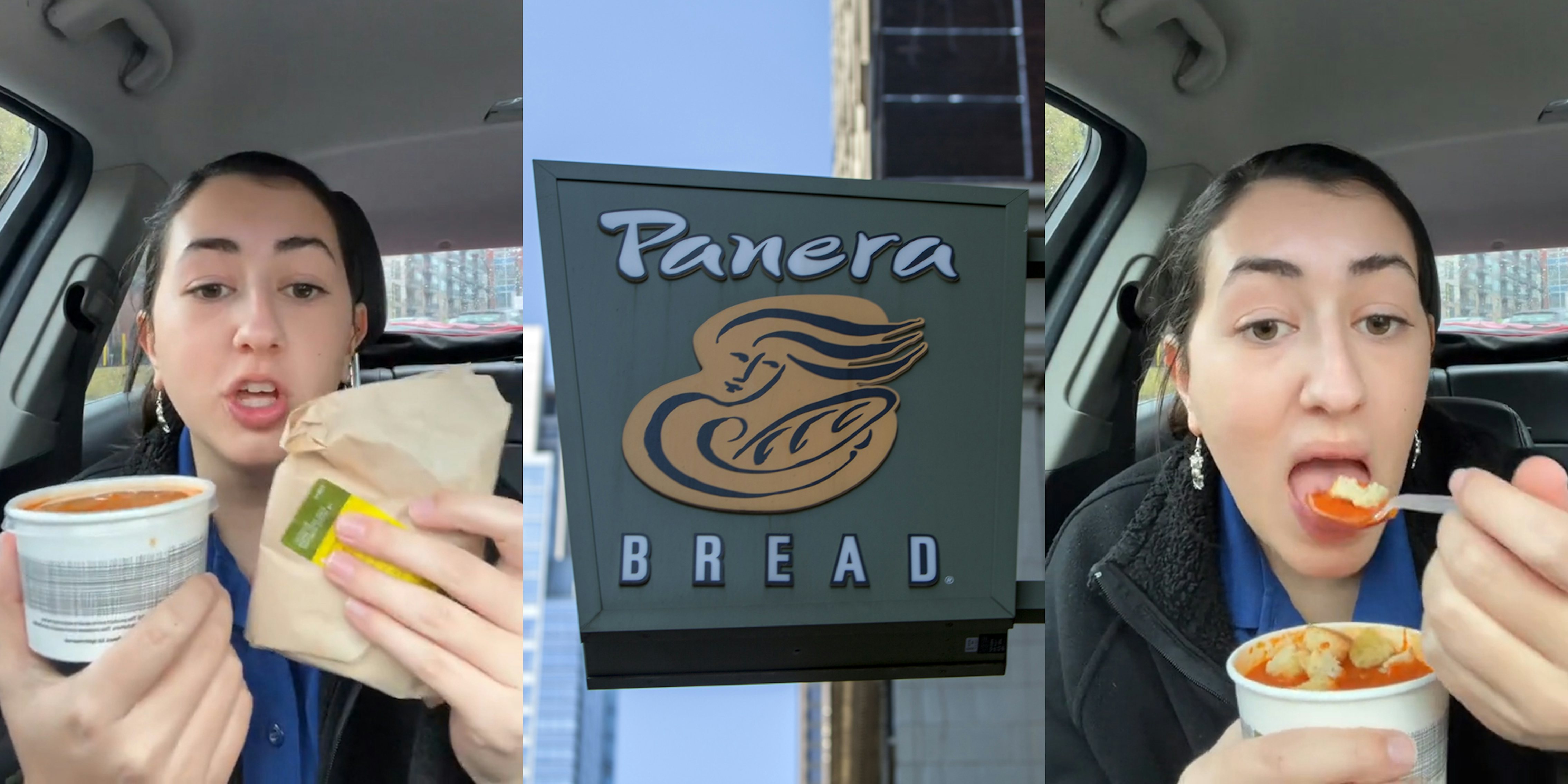 woman in car holding Panera's food (l) Panera Bread sign (c) woman eating Panera's tomato soup (r)