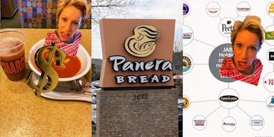 woman greenscreen TikTok over Panera's soup on table with golden '$' (l) Panera Bread sign outside (c) woman greenscreen TikTok over image of companies inflation (r)