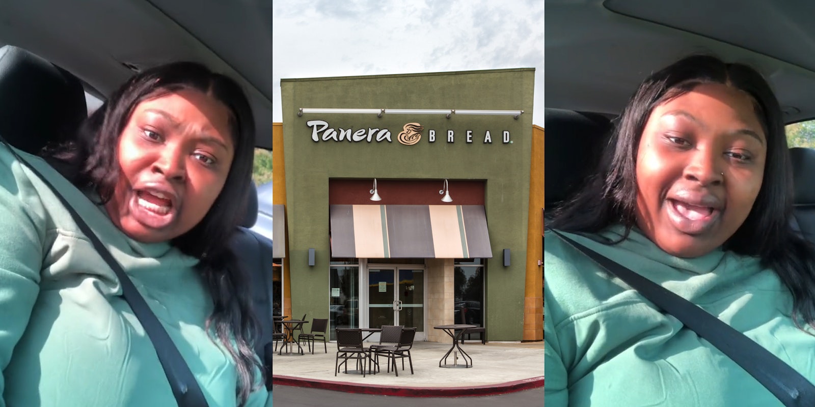 woman speaking in car (l) Panera restaurant with sign and outdoor seating (c) woman speaking in car (r)