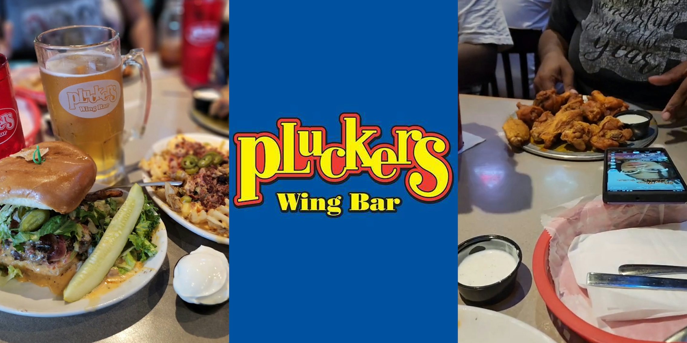 Pluckers Wing Bar burger with fries and drink in glass (l) Pluckers Wing Bar logo on blue background (c) Pluckers Wing Bar wings on table (r)