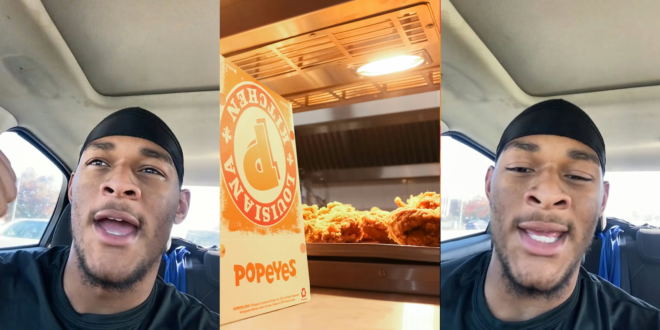 man speaking in car with hand up (l) Popeyes fried chicken in kitchen with paper sign on counter (c) man speaking in car (r)