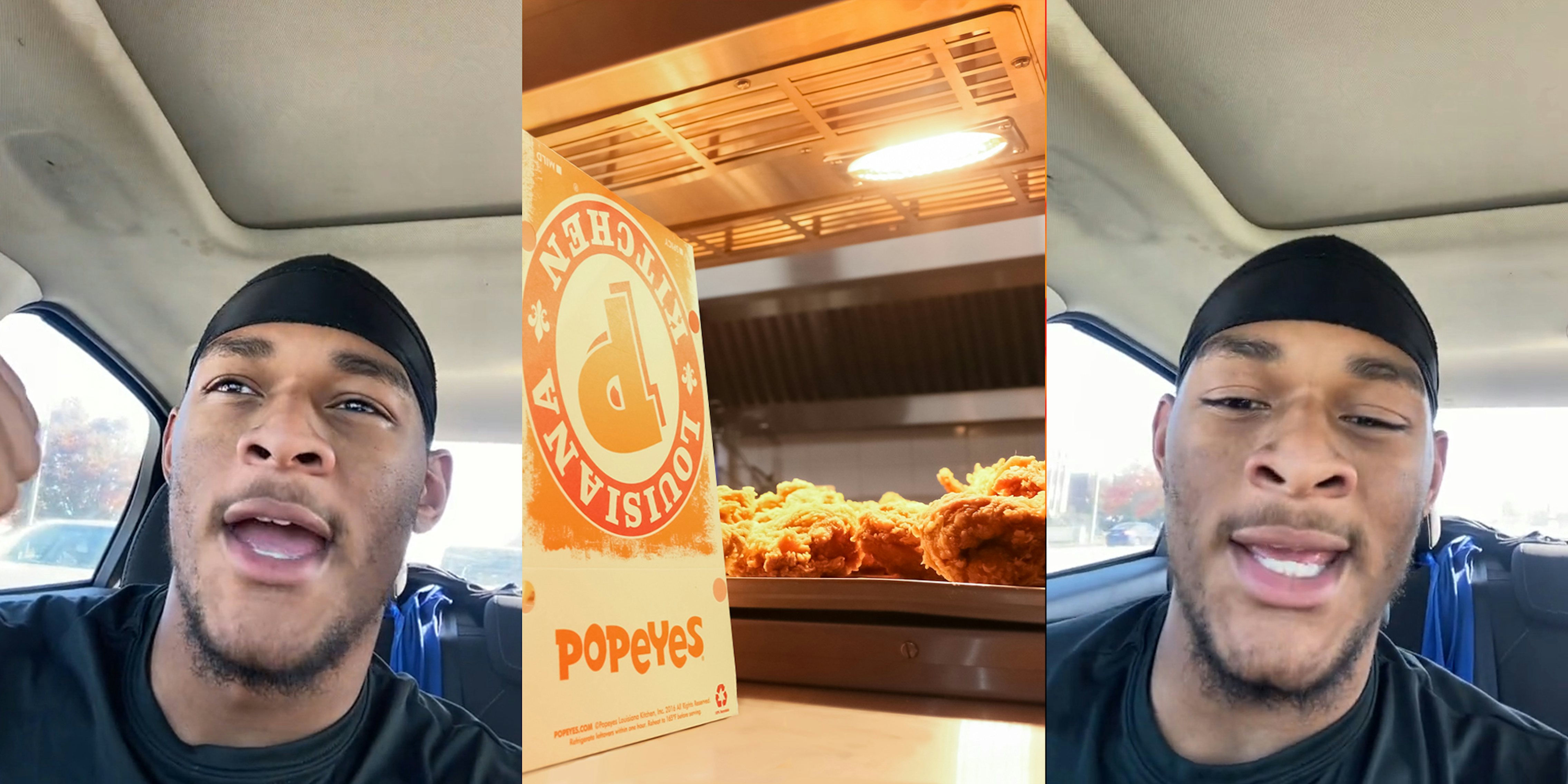man speaking in car with hand up (l) Popeyes fried chicken in kitchen with paper sign on counter (c) man speaking in car (r)