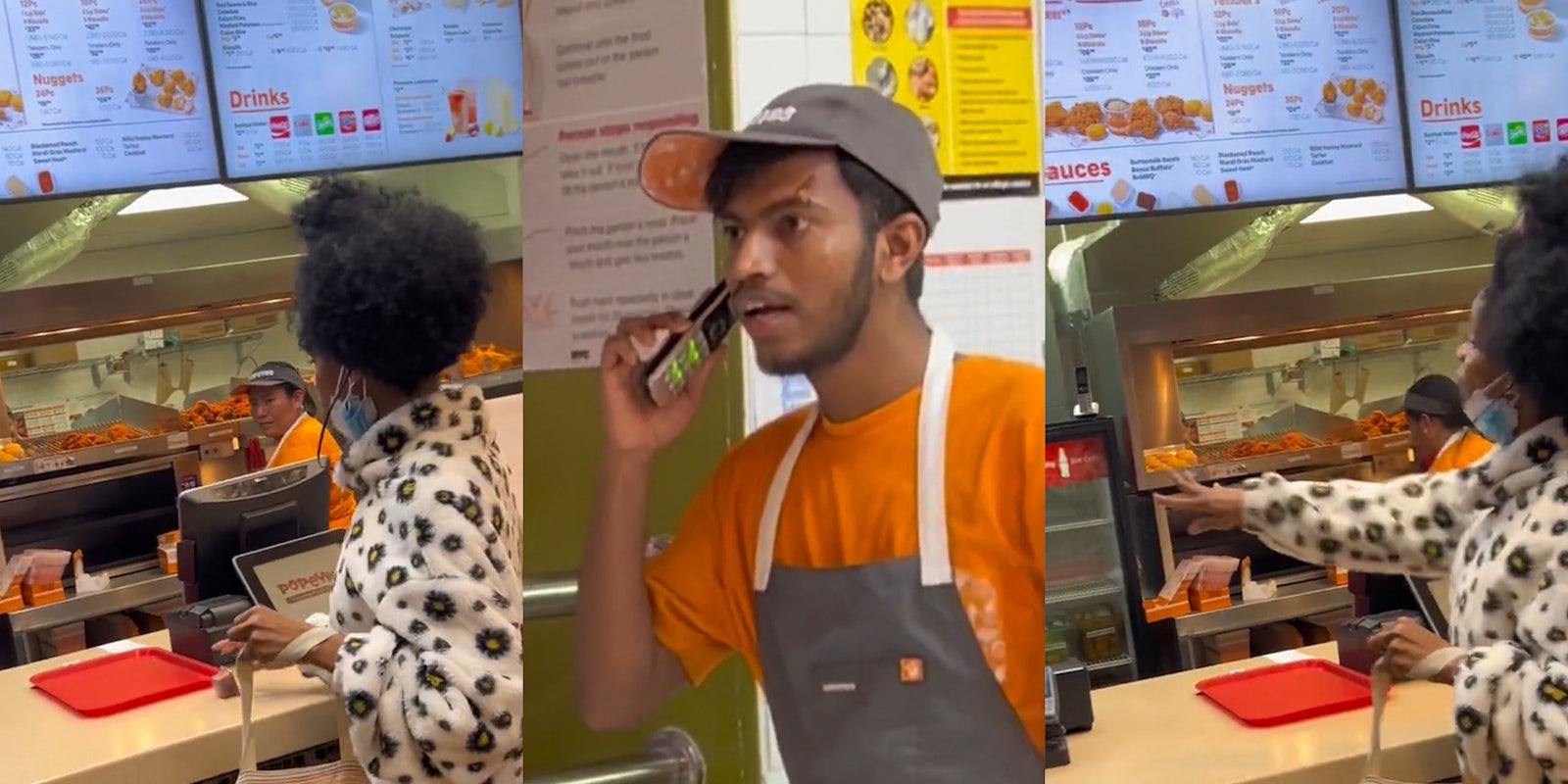 Popeye's customer grabbing sauce from counter (l) Popeye's employee on phone (c) Popeye's customer throwing sauce at employee (r)