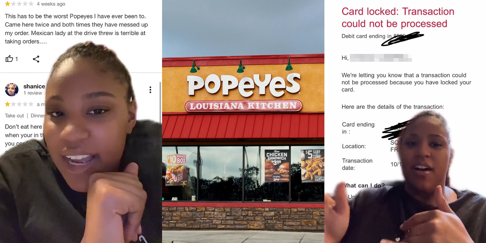 woman greenscreen TikTok over reviews of Popeyes (l) Popeyes building with sign (c) woman greenscreen TikTok over 'Card Locked: Transaction could not be processed' (r)