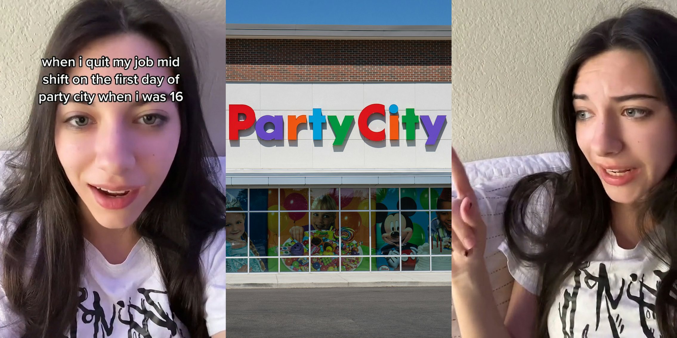 ex Party City employee speaking caption 'when i quit my job mid shift on the first say of party city when i was 16' (l) Party City building with sign (c) ex Party City employee speaking with finger up (r)