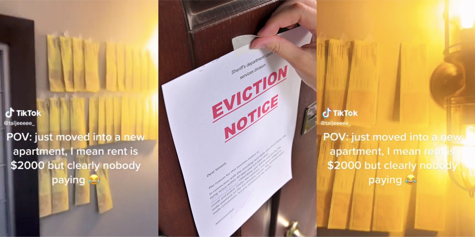 woman shows lots of eviction notices on wall of apartment building tiktok