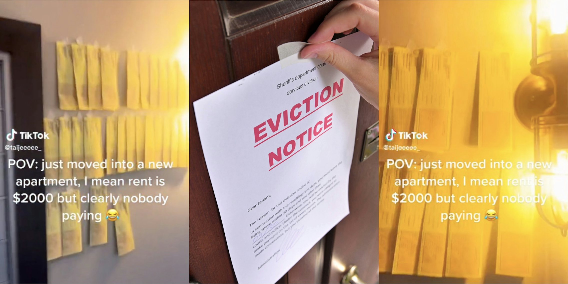 woman shows lots of eviction notices on wall of apartment building tiktok