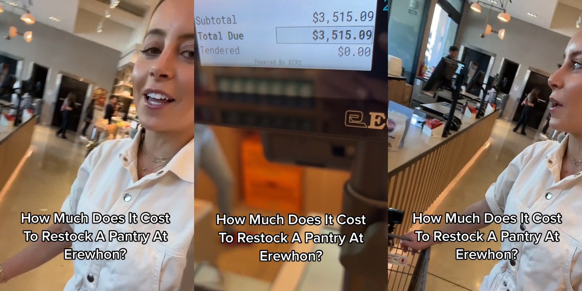chef in Erewhon grocery store speaking caption 'How Much Does It Cost To Restock A Pantry At Erewhon?' (l) Erewhon checkout with total on screen at '$3,515.09' caption 'How Much Does It Cost To Restock A Pantry At Erewhon' (c) chef in Erewhon grocery store speaking caption 'How Much Does It Cost To Restock A Pantry At Erewhon?' (r)