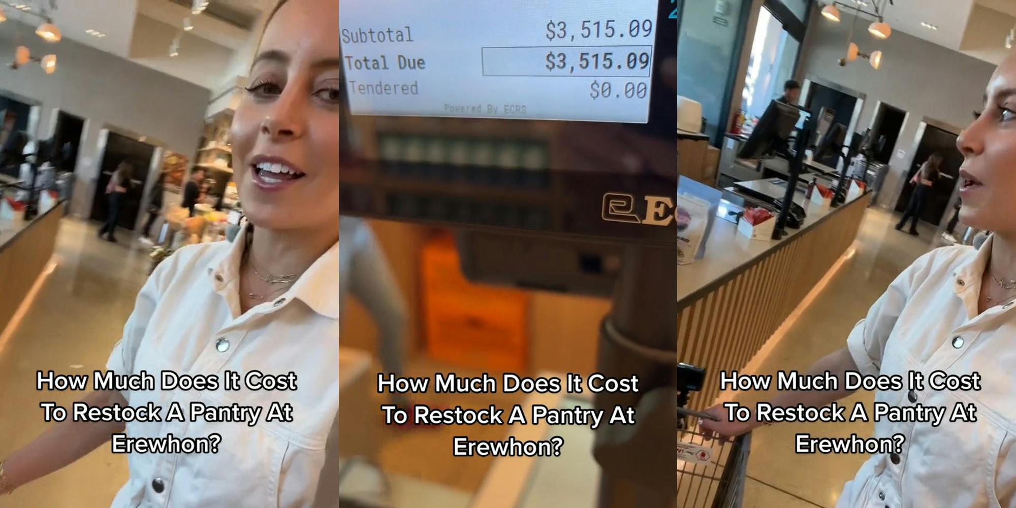 chef in Erewhon grocery store speaking caption "How Much Does It Cost To Restock A Pantry At Erewhon?" (l) Erewhon checkout with total on screen at "$3,515.09" caption "How Much Does It Cost To Restock A Pantry At Erewhon" (c) chef in Erewhon grocery store speaking caption "How Much Does It Cost To Restock A Pantry At Erewhon?" (r)