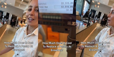 chef in Erewhon grocery store speaking caption 'How Much Does It Cost To Restock A Pantry At Erewhon?' (l) Erewhon checkout with total on screen at '$3,515.09' caption 'How Much Does It Cost To Restock A Pantry At Erewhon' (c) chef in Erewhon grocery store speaking caption 'How Much Does It Cost To Restock A Pantry At Erewhon?' (r)
