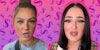 woman speaking next to Mikayla Nogueira on pink to purple vertical gradient background with dollar signs passionfruit remix