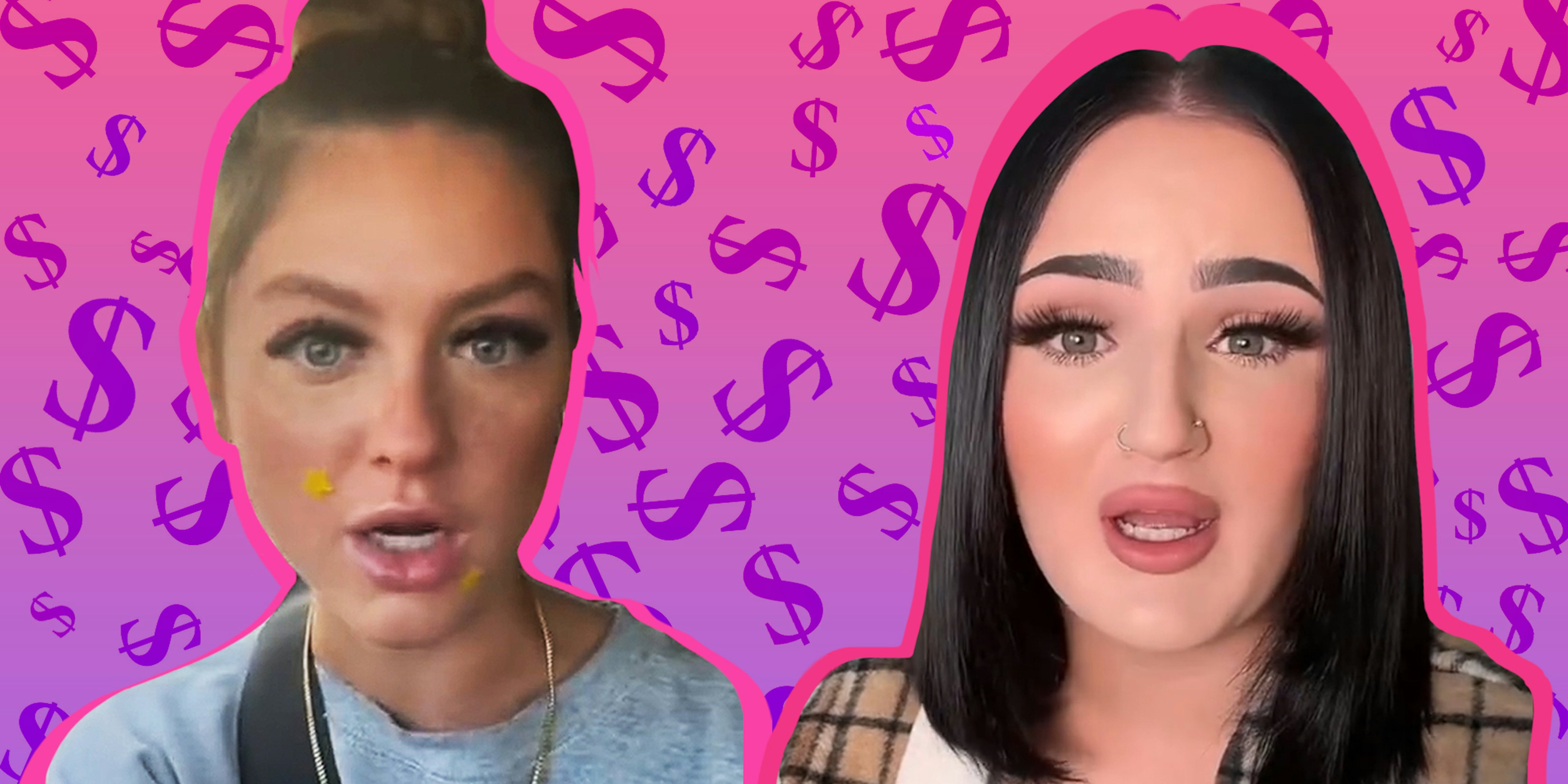 woman speaking next to Mikayla Nogueira on pink to purple vertical gradient background with dollar signs passionfruit remix