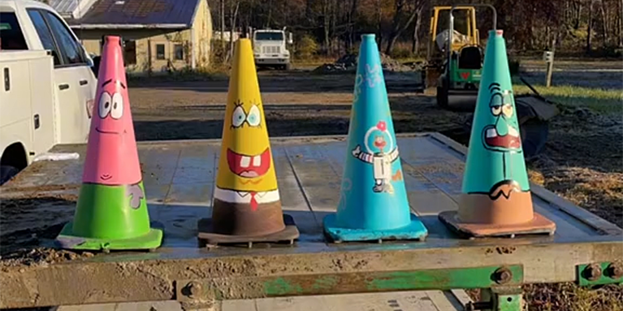 A TikToker painted traffic cones like SpongeBob characters. One of