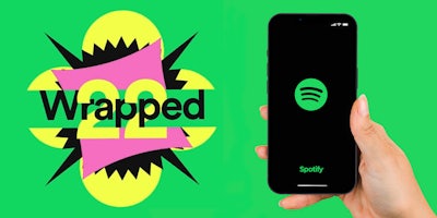 Spotify 2022 Wrapped logo on left and hand holding phone with Spotify on screen over green background