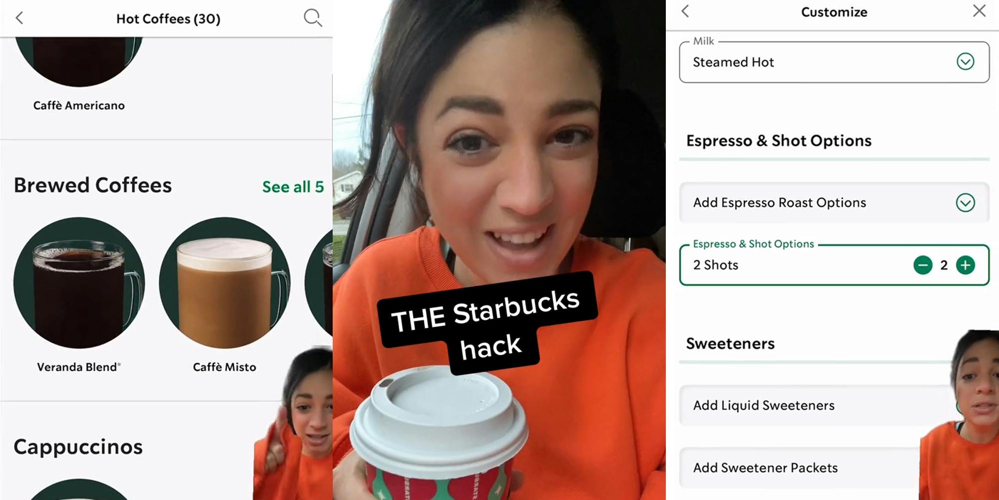 woman greenscreen TikTok over Starbucks app "Hot Coffees" section (l) woman in car with Starbucks coffee caption "THE Starbucks hack" (c) woman greenscreen TikTok over Starbucks app in "Customize" category adding 2 shots of espresso (r)