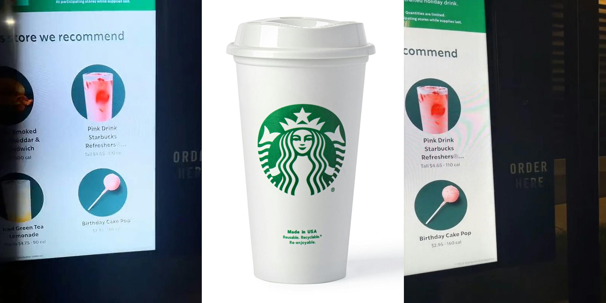 Starbucks drive thru menu (l) Starbucks cup in front of white background (c) Starbucks drive thru menu (r)
