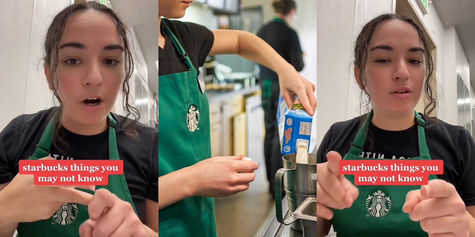 Starbucks barista speaking holding finger caption 'starbucks things you may not know' (l) Starbucks barista pouring liquid into metal container (c) Starbucks barista speaking pointing fingers caption 'starbucks things you may not know' (r)
