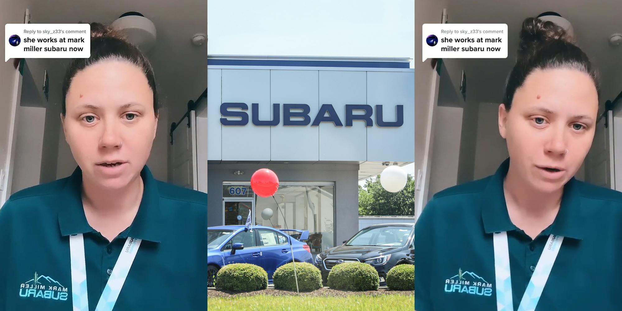 Subaru dealership worker in uniform speaking caption "she works at mark miller subaru now" (l) Subaru dealership (c) Subaru dealership worker in uniform speaking caption "she works at mark miller subaru now" (r)