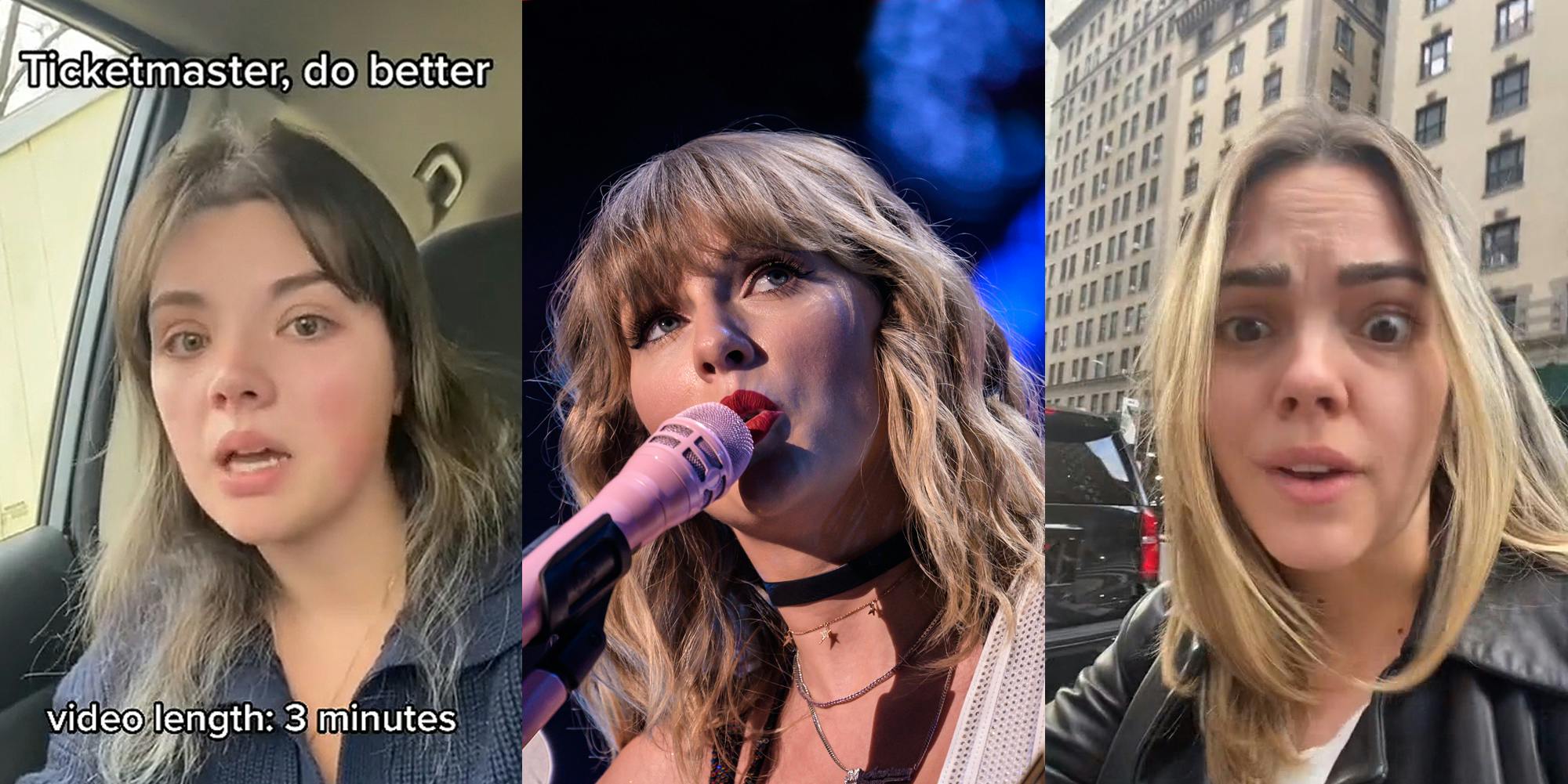 woman speaking in car caption "Ticketmaster, do better video length: 3 minutes" (l) Taylor Swift singing (c) woman speaking outside in city (r)
