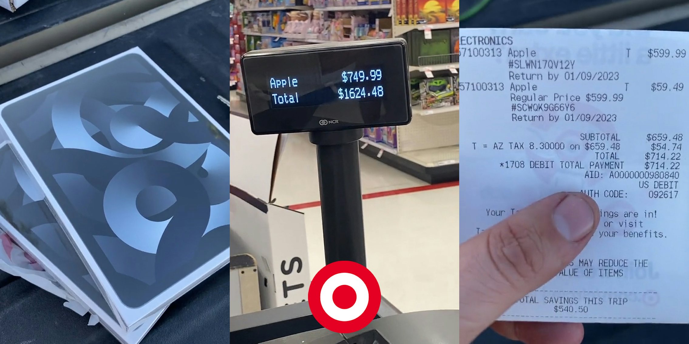 Apple iPad's (l) Target checkout total 'Apple $749.99 Total $1624.48' with Target logo centered at bottom (c) person holding Target receipt '$599.00 $59.49 Debit Total Payment $714.22' (r)