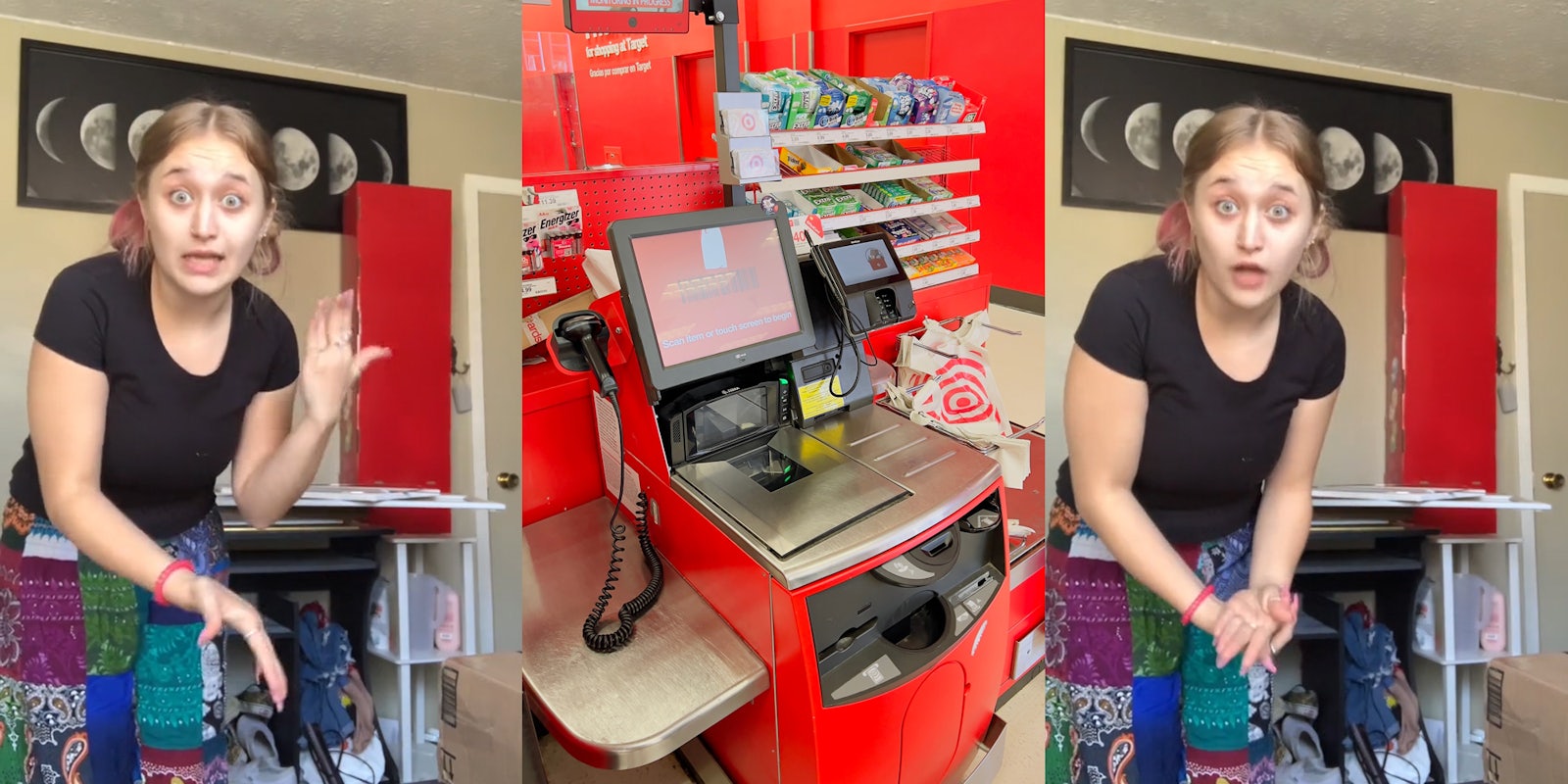woman speaking in bedroom with hand about to slap the other (l) Target self checkout (c) woman speaking in bedroom with hand slapping the other (r)