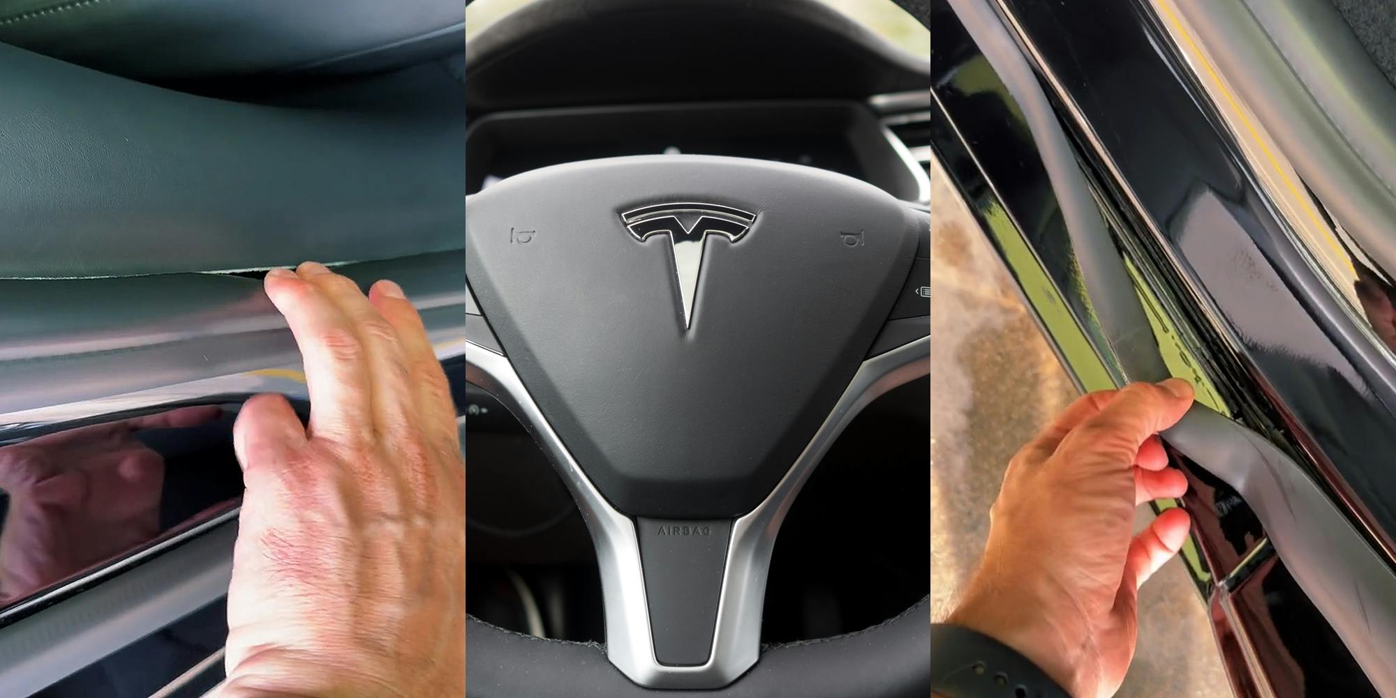 hand on Tesla pulling back trim (l) Tesla steering wheel with logo (c) man pulling back on Tesla trim (r)