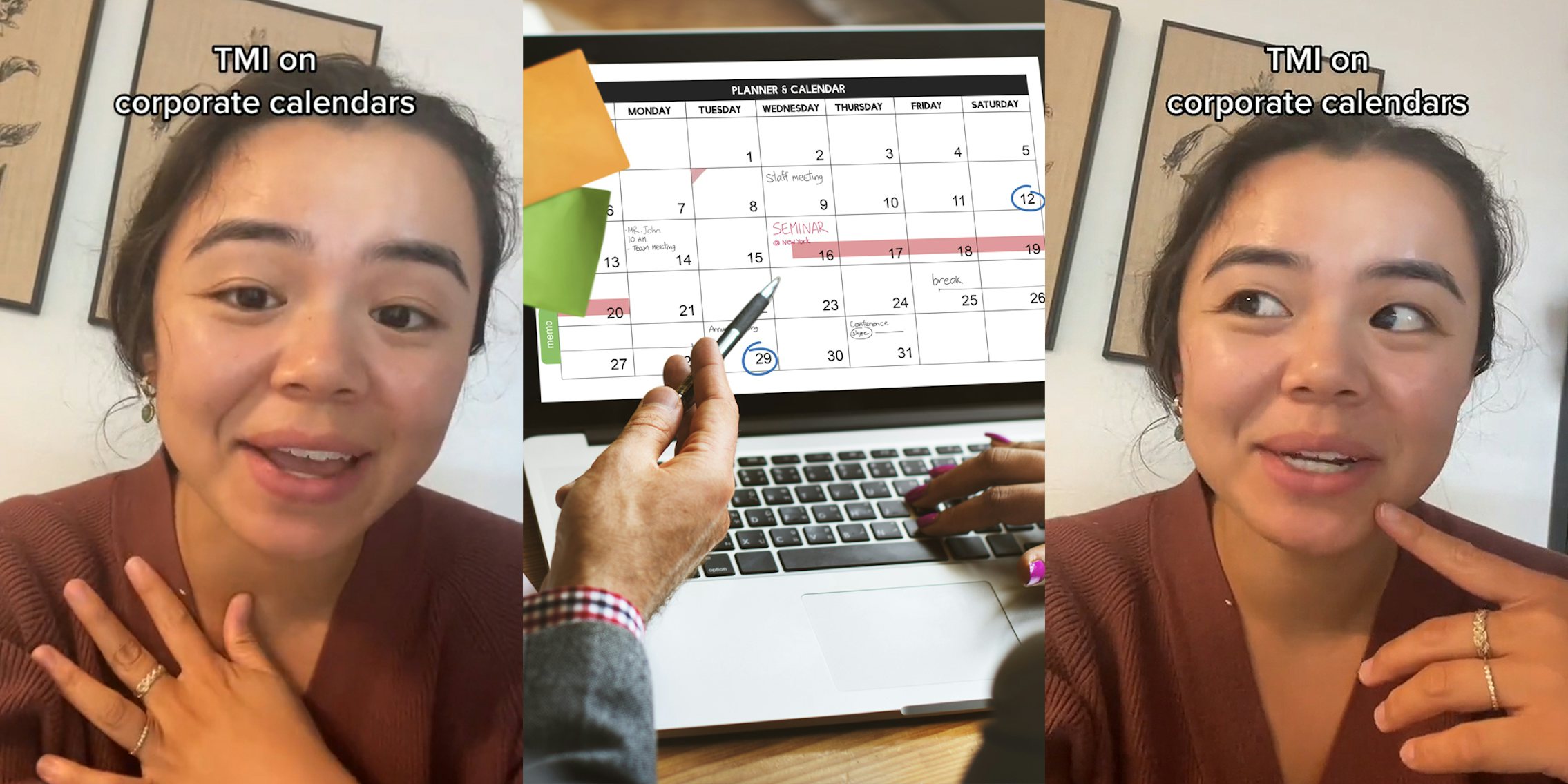 woman speaking with hand on chest caption 'TMI on corporate calendars' (l) office workers pointing to corporate calendar on laptop (c) woman speaking with hand on cheek caption 'TMI on corporate calendars' (r)