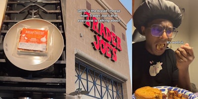 Trader Joe's bread cheese in package in pan (l) Trader joes building with sign caption 'Getting the bread cheese from Trader Joe's that everyone is talking about' (c) man eating bread cheese on fork caption 'It's worth it' (r)