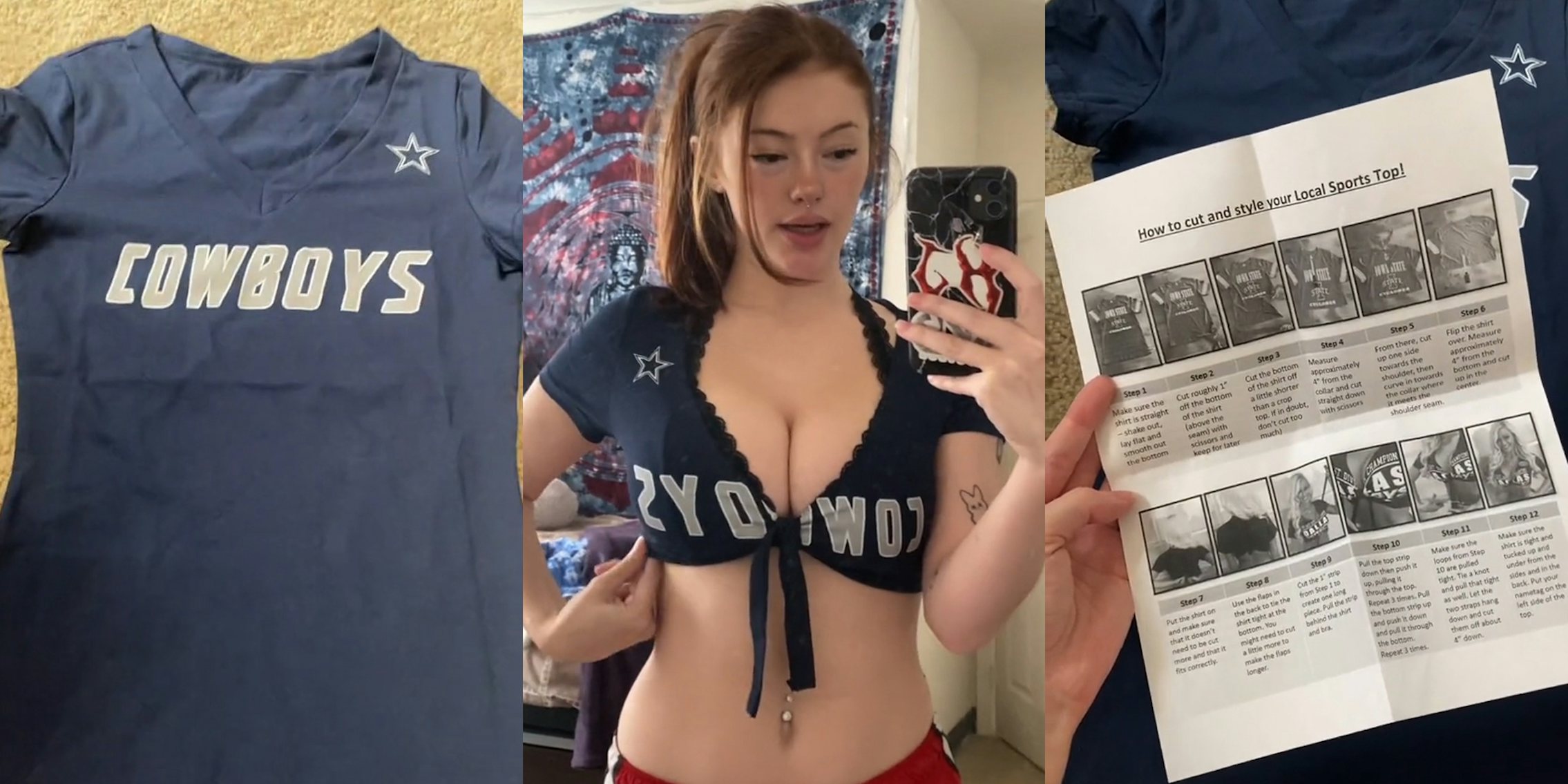Cowboys blue shirt on rug (l) Twin Peaks waitress in cowboys blue shirt (c)woman holding Cutting and Styling guide paper in front of blue Cowboys shirt (r)