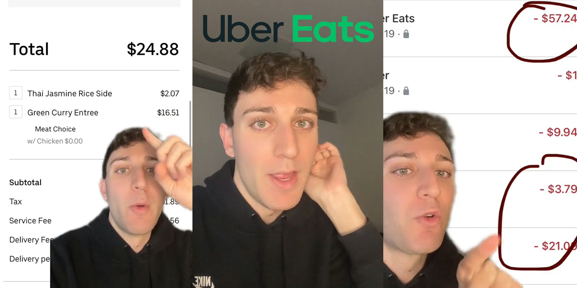 man greenscreen TikTok over image of Uber Eats order with total at '$24.88' (l) man speaking with hand on ear and 'Uber Eats' logo above head (c) man greenscreen TikTok over Uber Eats charges '-$57.24 -$3.79 -$21.00' circled (r)