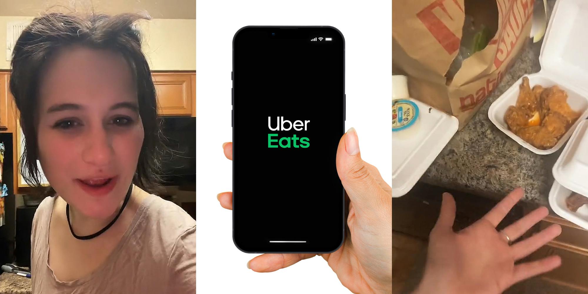 woman speaking in kitchen (l) Uber Eats logo on phone in hand in front of white background (c) woman hand out showing food on counter (r)