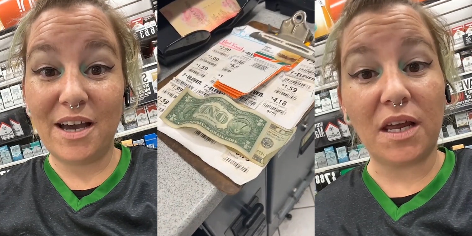 Worker speaking in front of cigarette stand in store (l) urine soaked cash on counter at store (c) Worker speaking in front of cigarette stand in store (r)
