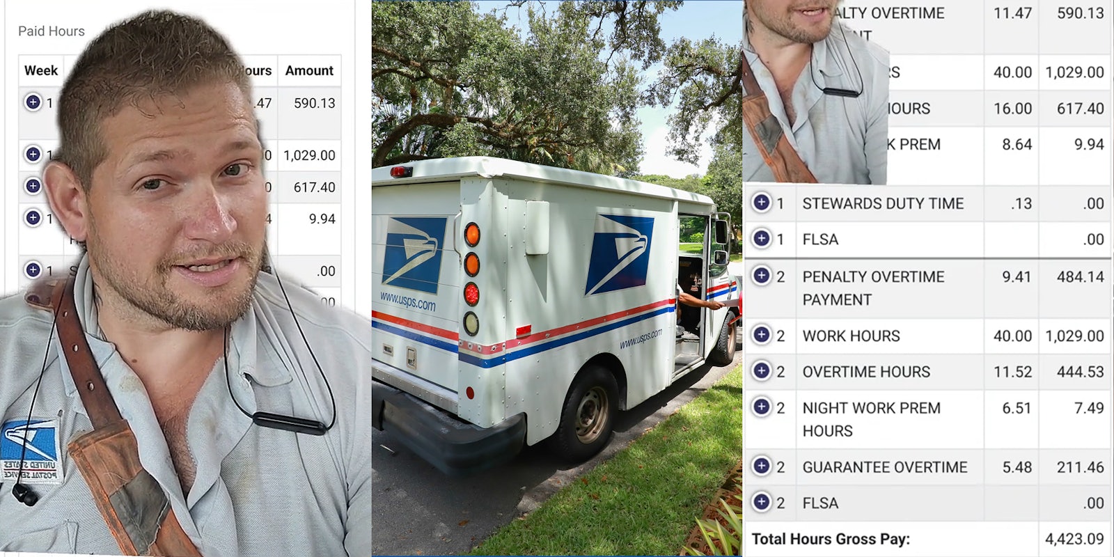 USPS worker greenscreen TikTok over paid hours (l) USPS worker delivering mail in truck (c) USPS worker greenscreen TikTok over paid hours with total being '4,423.09' (r)