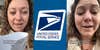 woman speaking outside of USPS holding paper caption 