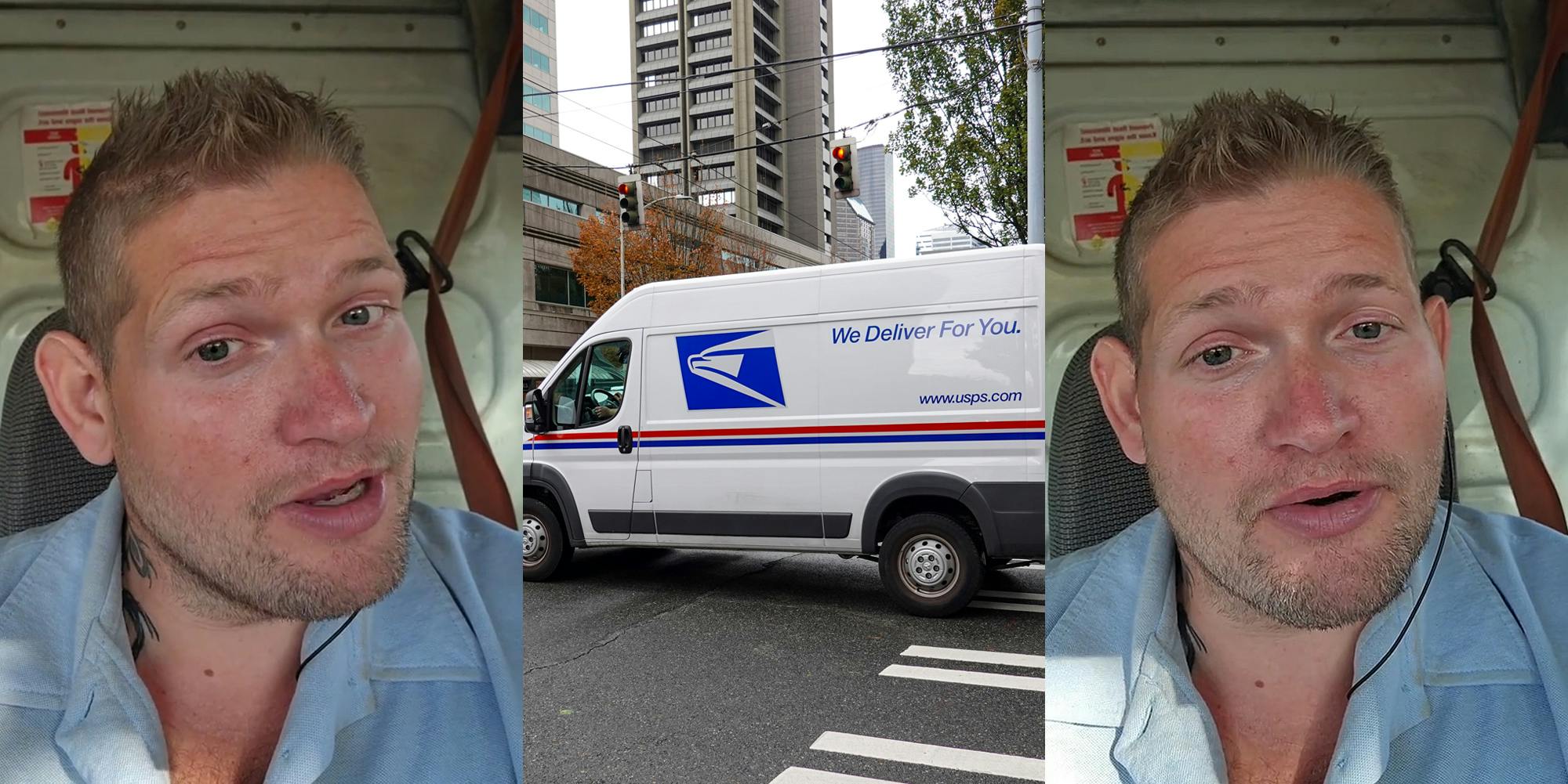 USPS employee speaking (l) USPS mail truck driving (c) USPS employee speaking (r)