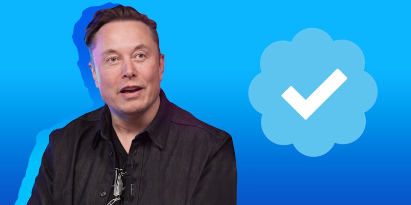 Elon Musk on light to dark blue vertical gradient background with Twitter verified logo Passionfruit Remix
