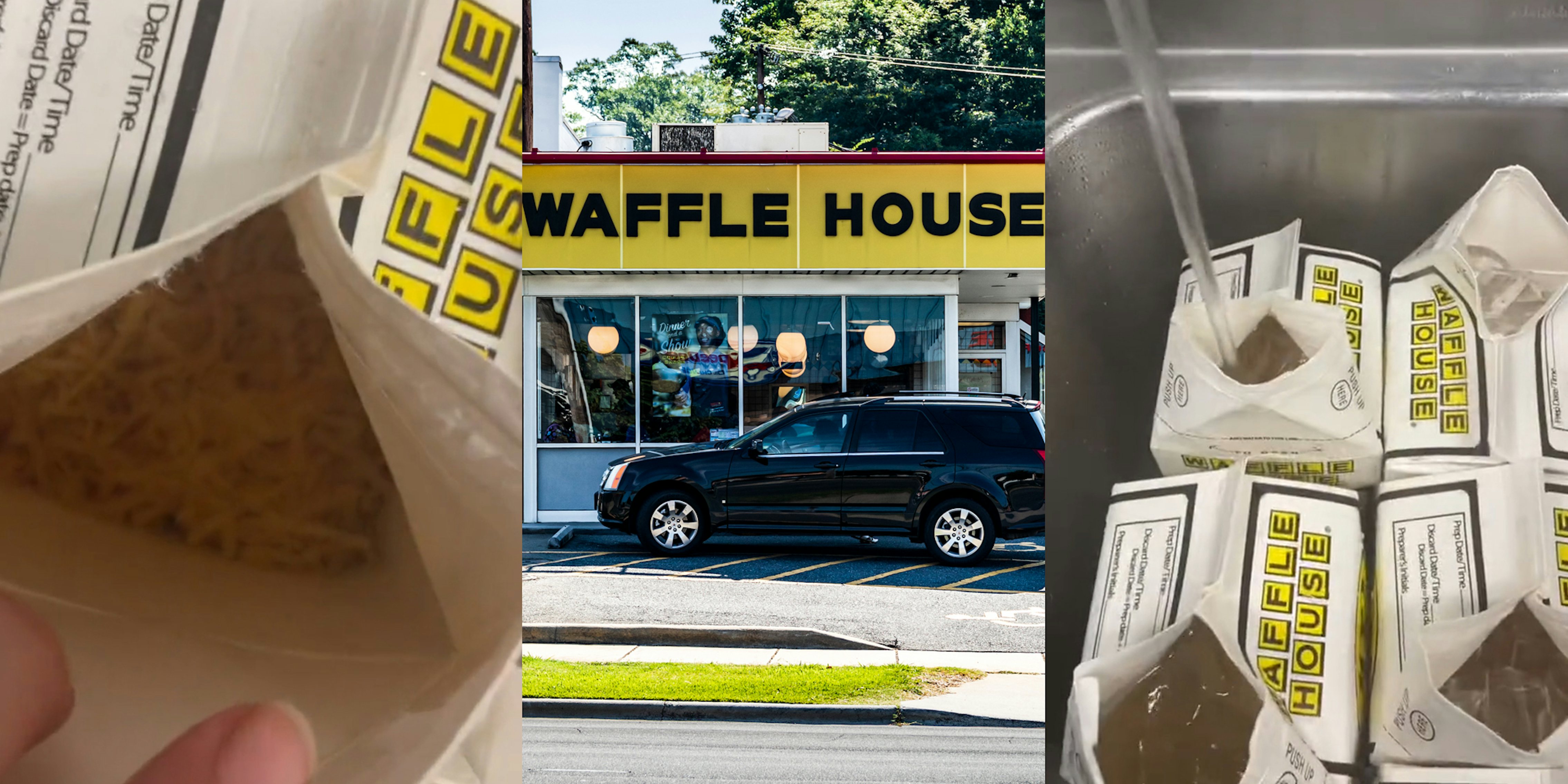 Waffle House carton with hash browns inside (l) Waffle House sign on building (c) Waffle House cartons in sink filling up with water (r)