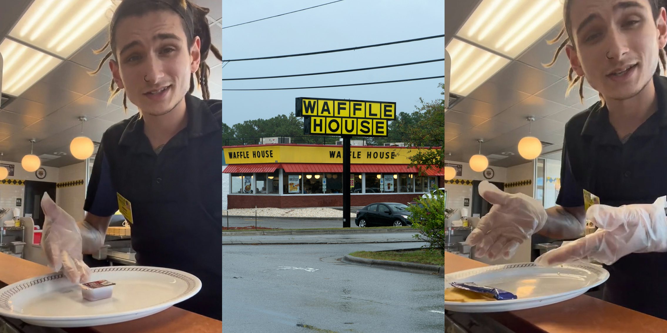 Waffle House employee speaking with hand pointing to jelly on plate (l) Waffle House building with sign (c) Waffle House employee pointing to sauce packet and cheese on plate (r)