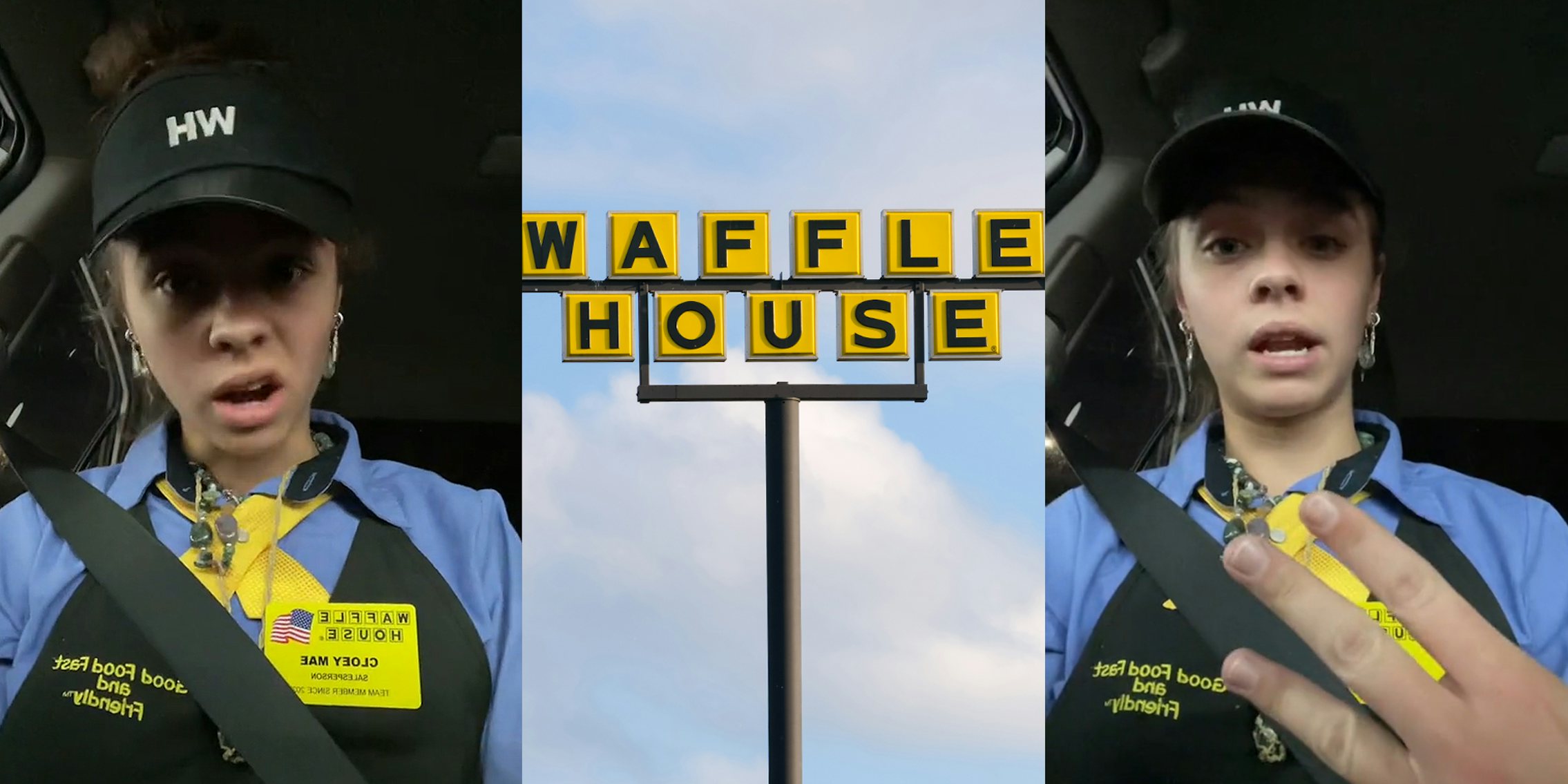 Waffle House server speaking in car (l) Waffle House sign in front of blue sky (c) Waffle House worker speaking in car holding up 3 fingers (r)