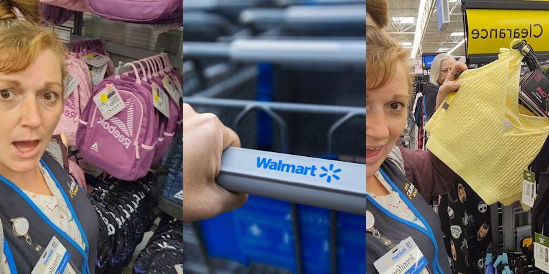 Walmart employee speaking and showing deals on backpacks (l) hand on Walmart shopping cart (c) Walmart employee holding clothing deals speaking (r)