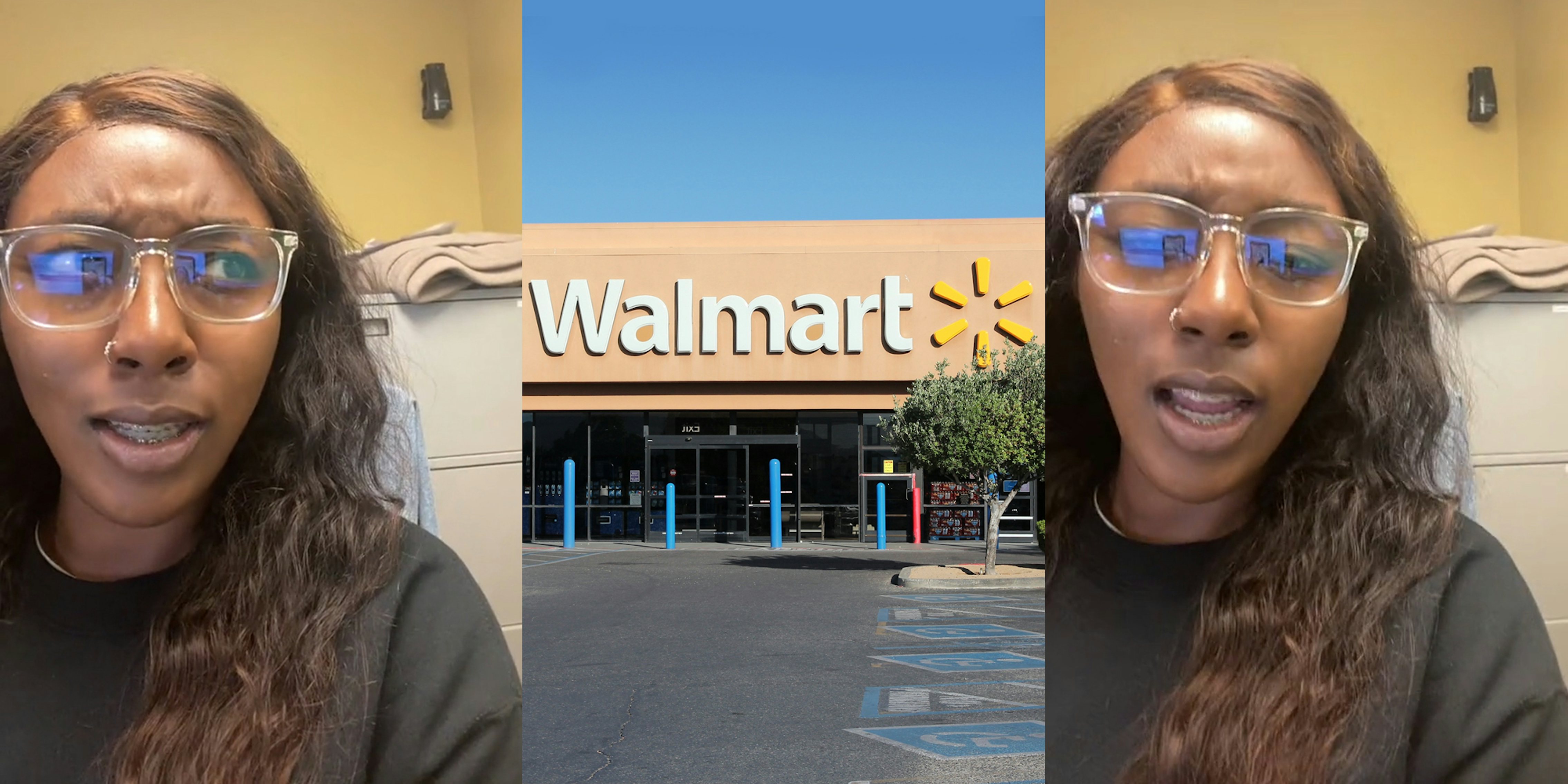 Walmart employee speaking (l) Walmart building with sign and parking lot (c) Walmart employee speaking (r)