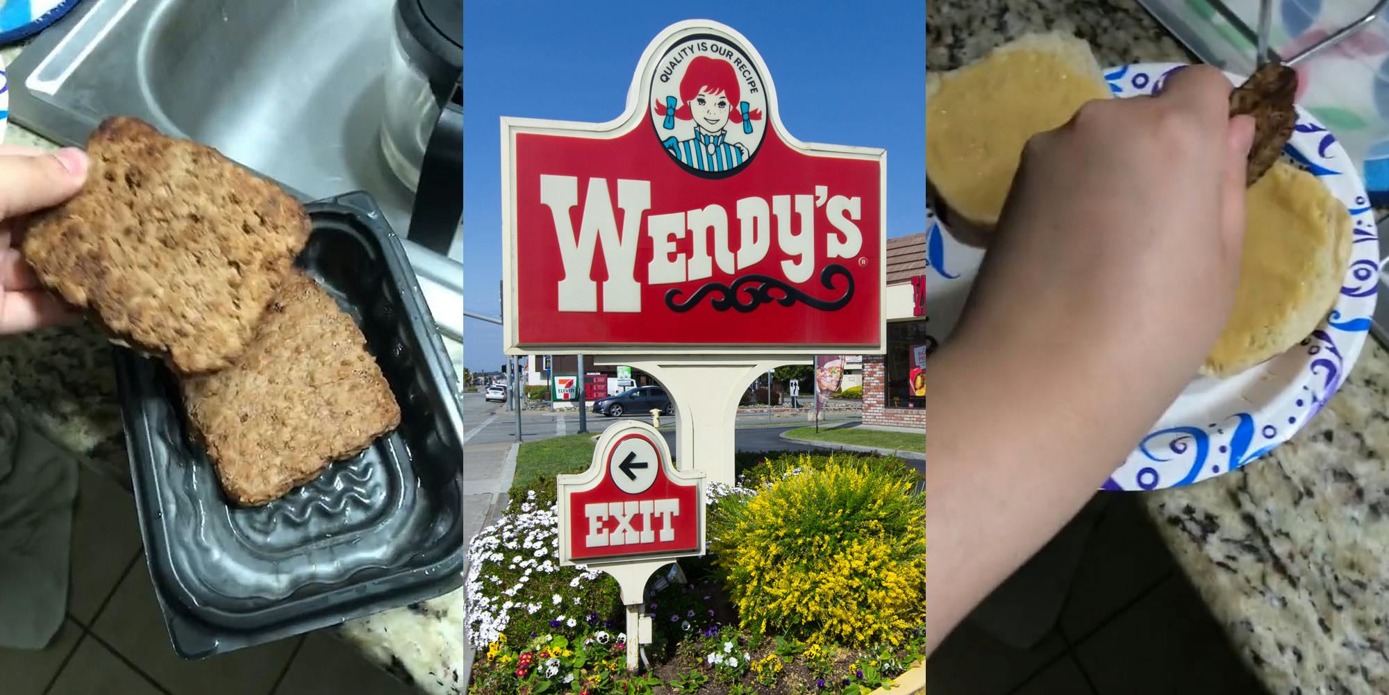 hand holding one of 2 beef patties from Wendy's over black and clear container (l) Wendy's sign outside of restaurant (c) person placing Wendy's burger on bun on paper plate (r)