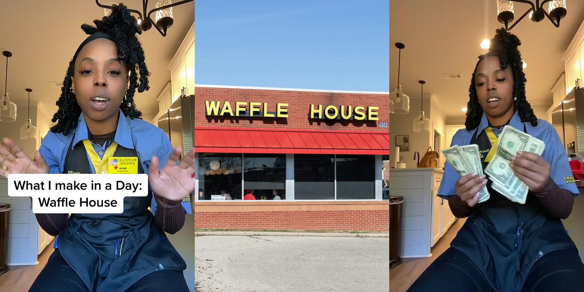 Waffle House worker speaking caption "What I make in a Day: Waffle House" (l) Waffle House building with sign (c) Waffle House worker speaking counting cash (r)