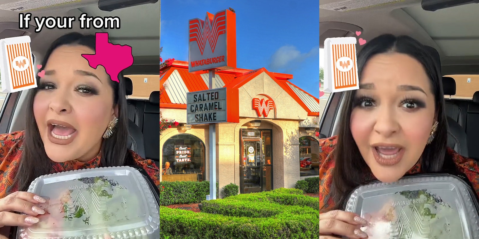 woman speaking in car holding Whataburger food in container caption 'If your from' (l) Whataburger building with sign (c) woman speaking in car holding Whataburger food in container (r)