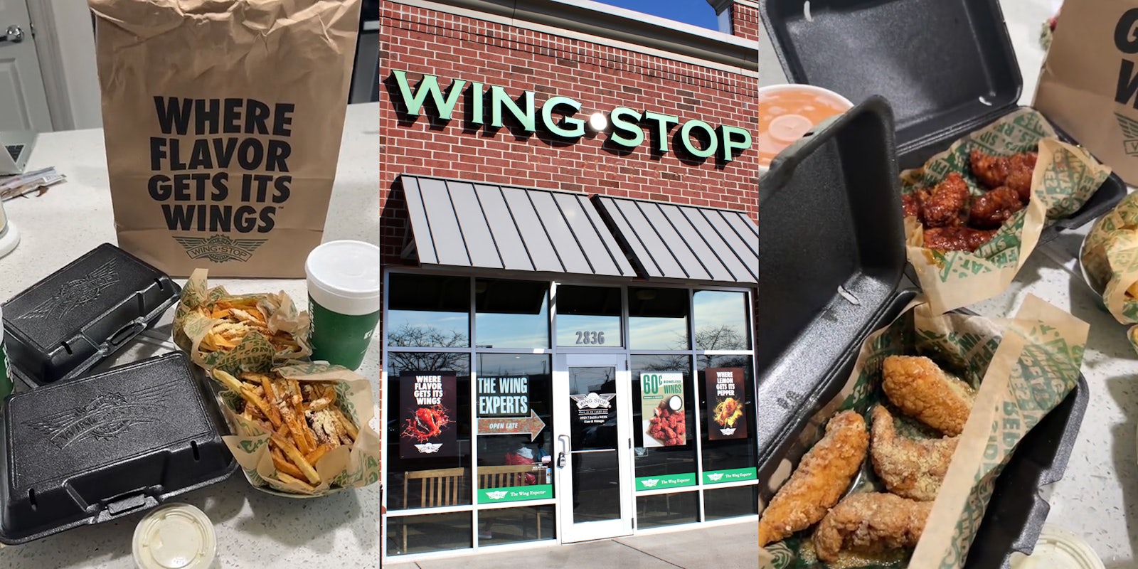 Wing Stop food on counter unopened (l) Wing Stop building with sign (c) Wing Stop chicken tenders in black takeout containers (r)